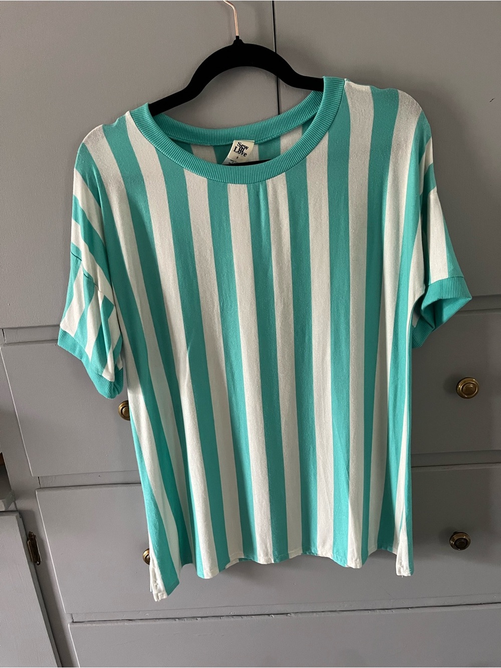 Sew In Love Aqua and White Striped Short Sleeve Tee